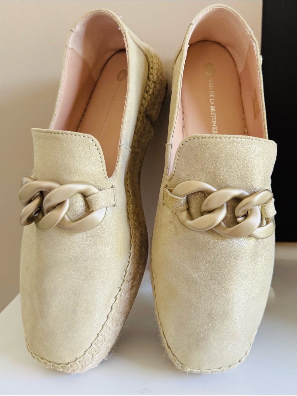 Beige Chain-Accent Espadrille Mules